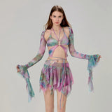 Women 3 Piece Sets Long Sleeve Shrug + Halter Tank Top + Irregular Pleated Skirts Y2K Aesthetic Gothic Sexy Streetwear