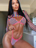 2025 Sexy Long Sleeve Striped Bikini Women Brazilian Swimwear Female Swimsuit 3 Pieces Bikini Set Halter Micro Bathing Suit Swim