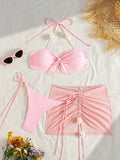 DEKA Solid 3 piece Swimsuit Women Pink Lace-up Sexy Bikini Split Swimsuit