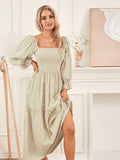 Women Spring Fall Long Dress Long Sleeve Dress Square Neck Embroidery Flower Loose Swing Dress Wit Pocket