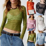Sexy Lace Hot Girl Crop Tops Fashion Women Spring Autumn Long Sleeve Slim Fit Sheer T-Shirts Casual Streetwear Solid Basic Tees