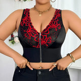 Plus Size Baddie Lingerie Set, Embroidered Zipper Front Deep V Wireless Push-up Bra