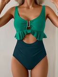 2026 Hollow Swimsuit One Piece U-wire Ruffle Swimwear Women Patchwork Bathers Bathing Swimming Swim Suit Female Beachwear XXL
