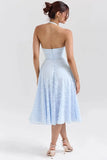 French Style Blue Jacquard Dress With French Vibe V-neck Backless Holiday Halter-neck Dress Niche Long Dress Pure Desire U633