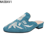 NASBAVI Fashion 3d Embroidery Mules Women Fur Slippers Velvet Shoes Ladies Low Heel Flower Decoration Sandals Women's Flip Flops