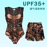 UPF 35+ Retro Sleeveless Swimwear Bodysuit High-end Mesh One Piece Swimsuit Women 2026 Sexy High Cut Bathing Suit with Cover Up