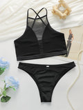 New Hot Selling Sexy Deep V Beauty Back Perspective Mesh Hollow Tank Top Bra Set Traceless Underwear and Underwear Set C2703