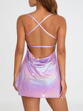 Women Sleeveless Backless Party Club Dress Solid Color Shiny Spaghetti Strap Mini Dress for Cocktail Nightclub Beach