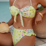 Vintage Yellow Floral Print Bikini Set 2026 Women Front Bow Push Up Ruffles High Waist Swimsuit Bathing Suit Two Piece Swimwear