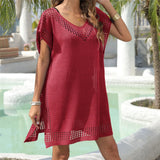 7 Colors Short Sleeve V Neck Crochet Knitted Tunic Beach Cover Up Cover-ups Beach Dress Beach Wear Beachwear Female Women V8267