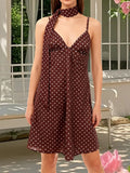 Women's Summer Mini Cami Dress A Line Stylish Dot Print Backless V Neck Spaghetti Strap Dresses with Scarf