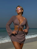 Summer 4 Piece Bikini Set 2025 Women Sexy Black Long Sleeve Cover Up and Skirt Swimsuit Beach Bathing Suit Holiday Swimwear