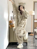 Leopard Hooded Pajamas Animal Kigurumi Unicorn Adult Onesies for Women Winter Sleepwear Flannel Pochets Overall Sets Slippers