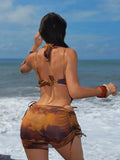 New Coffee Tie Dye Gradient Bikini Set 2026 Swimwear Women Metal Flower Push Up Cover Up Drawstring Side Skirt 4 Piece Swimsuit