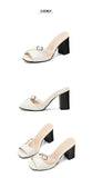 Summer New Fashion Open Toe Solid Color Simple Leather Surface Versatile Color Large Slippers Square Heel Shoes Women