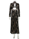 Summer Maxi Dress Women Sexy Sheer Lace Hollow Out Long Sleeve Floral Split Slim Bodycon Solid Casual Beach Party Club Vestidos