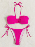 Halter Tie Side Pleated Smocked Bikini Women Bandeau Swimsuit Female Swimwear Two Pieces Bikini Set Bathing Suit Swim Beach Wear