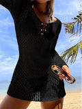 V Neck Long Sleeve Hollow Out Crochet Knitted Tunic Beach Cover Up Cover-ups Beach Dress Beach Wear Beachwear Female Women V7643