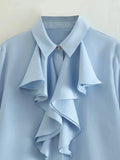 Foridol Ruffles Folds Light Blue Office Lady Satin Shirt Blouse Long Sleeve Spring Fashion Solid Button Up Blusa Autumn 2025
