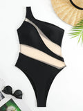 Splicing Mesh See Through One Shoulder Female Swimwear One Piece Swimsuit Women High Cut Monokini Mesh Bathing Suit Swim Lady
