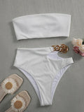Metal Chain Ribbed Female Bandeau Swimsuit High Waist Bikini Women Swimwear Two-pieces Bikini set Asymmetric Bathing Suit Swim