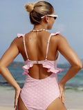 DEKA Girl Light Pink One Piece Swimsuit for Women High Waist Hollow Out Ruffle Suspender Backless Monokini Bikini Beach Swimwear