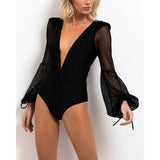 One Piece Swimsuit Sexy Long Sleeve Tropical Print Swimwear Women Bandage Monokini Hollow Out Bathing Suit String Beachwear 2023