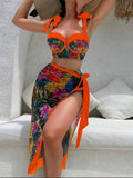 Vintage Black Floral Print Bikini 2026 Women Push Up Underwire Bra High Waist Swimsuit Beach Bathing Suit Skirt 3 Piece Swimwear