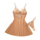 Champagne Daisy Floral Lace Sheer Mesh Babydoll Lingerie Set Slip Nightdress With Matching Thong Women Sexy Sleepwear ZA825096