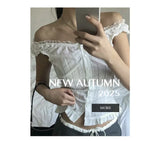 Phantasy Y2K Women Tops White Lace T-Shirt Button Tees Vintage French Style Tops 2025 Spring Summer Tops Female Streetwear