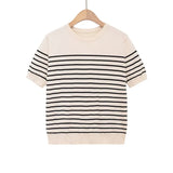 Fashion Striped Knit Sweater Black Striped Knit T Shirt Casual Short Sleeve Crew Neck Slim Fit Top For Women Summer Daily 0HAD
