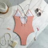 V Neck Wrinkled Ribbed Cross Backless One Piece Swimsuit Women Swimwear Female High Leg Cut Monokini Bather Bathing Suit Swim
