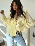 Women's Layered Bell Sleeve Blouse Yellow Ruffled Sheer Blouse V Neck Tie Front Long Sleeve Casual Top With Puffed Sleeves BLZW