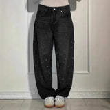 Women's Straight Leg Denim Pants High Waisted Baggy Wide Leg Bling Jeans Casual Sparkly Harem Jeans for Streetwear