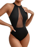 2026 Mesh Swimsuit One Piece High Neck Sexy Solid Swimwear Women Black Bathers Bathing Swimming Swim Suit Beachwear Summer XXL