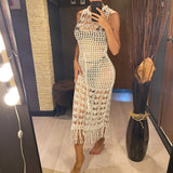 S - XL New Fringe Tassel Hollow Out Crochet Knitted Tunic Beach Dress Beach Wear Beachwear Beach Cover Up Cover-upsFemale V5605