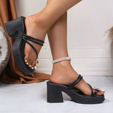 Metal Decor Clip Toe High Heeled Sandals Women Summer Slip On Thick Heel Sandles Woman Plus Size 42 Chunky Platform Slippers