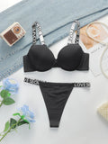 The Best-selling Sexy Gathering Promotion Style Glossy Letter Shoulder Strap Two-piece Women's Underwear Set B2050