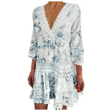 Dresses For Formal Occasions Womens Fashion V Neck Lace Jacquard Seven Quarter Sleeve Bohemian Floral Dress Sexy Beach Sundress