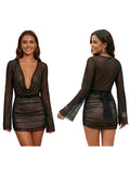 Women's Summer Solid Color Sheer Beach Mini Dress Long Sleeve Deep V Neck Swim Cover Up Swimwear for Pool Vacation