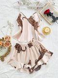 Summer 2-pieces Pink Leopard Printed Pajamas Set for Women Sexy Ice Silk Stain Sleepwear Casual Crop Tops and Shorts Lounge