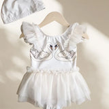 Princess Mesh Swimsuit Baby Girl Swan Cherry Sling Cute Swimming Suit Quick Drying Sun Protection Swim Wear with Cap H8126