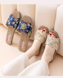 Breathable Indoor Linen Slippers For Women Men Home Floor Shoes Chinese Style Emrobidery Anti-slip Couples House Bedroom Slides