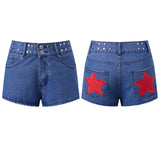 Summer Women Denim Shorts with Stars Patch Pockets Riveted Waisted Slim Fit Jeans Shorts Daily Casual Hot Short Pants Streetwear