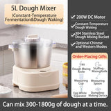 SUNATUR 5L/7L Electric Dough Mixer,250W DC Motor,Stainless Steel Bowl,Timed Fermentation,All-in-One