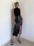 WOMENGAGA High Waist Slim Side Split PU Leather Skirt For Women Spring/Summer Irregular Split One Step Skirt Mid Length 761R