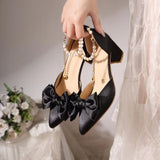 2026 New Pointed Toe Pearl French Heels Block Heel Bow Single Shoes Red Wedding Shoes