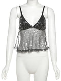 kliou Mesh Sequins Women Tops Summer Thin Shiny V-neck Backless Ruffle Trim Crop Camis Female Popular Hipster Sexy Streetwear
