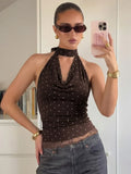 FDYOUI Women's Chic Polka Dot Tanks Top 2026 Summer Off Shoulder Lace Patchwork Corset Bandage Backless Crop Tops Streetwear