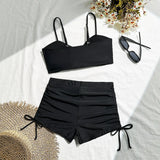 Wrinkled Knotted Shorts High Waist Bikini Female Swimsuit Women Swimwear Two-pieces Bikini Set Tankini Bathing Suit Swim Beach